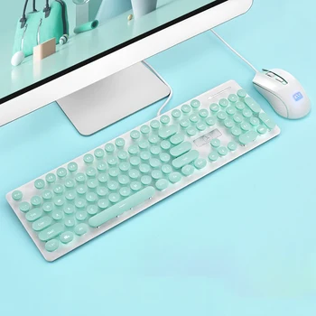 

Portable Retro Keyboard Mouse Kit Wired Gaming Keyboard with Round Key Cap Multimedia Button Keyboard Mouse Set