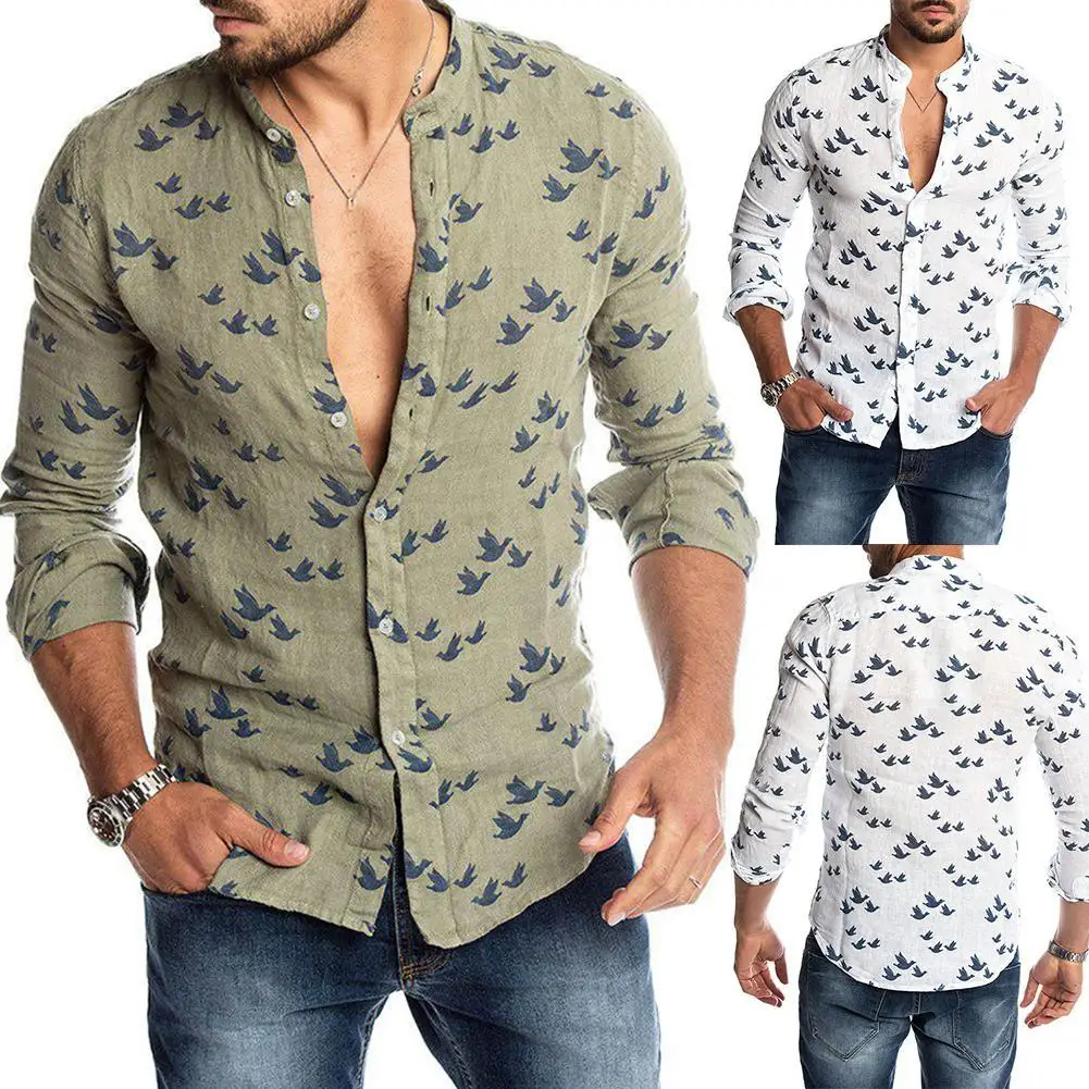Camisa de manga larga con botones para hombre, ropa ajustada de lino, informal, con estampado de palomas, primavera y otoño