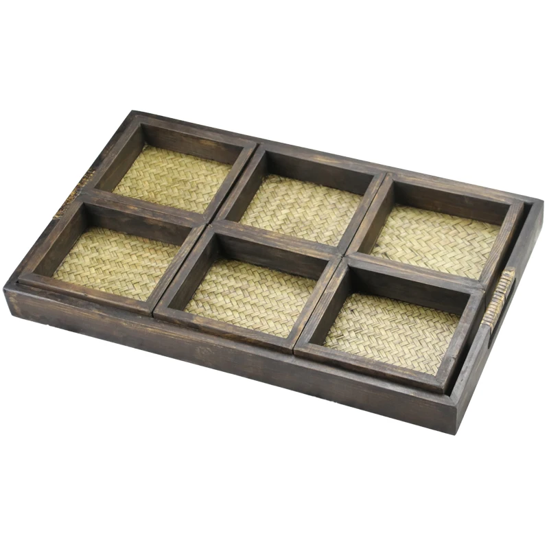 7pcs/set Wood&ampRattan Serving Trays with Handle Nesting Multipurpose - for Breakfast Coffee Table/Butler & Chinese Tea | Дом и сад
