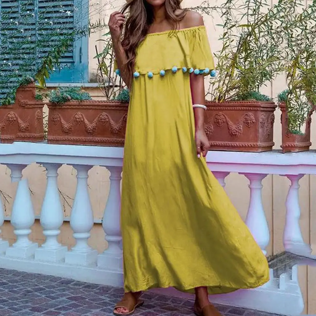 

Pure Color Sexy Bohemian Beach Dresses Slash Neck Maxi Runway Dress Casual Comfortable Spring Party Vestido