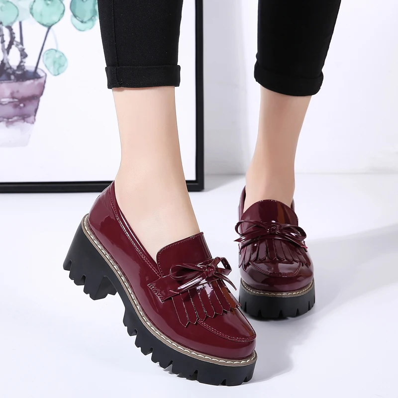 O16U Women Autumn Shoes Patent Leather Slip on Tassel Loafers Platform Flat Casual Shoes Women Flats Spring Shoes for Ladies