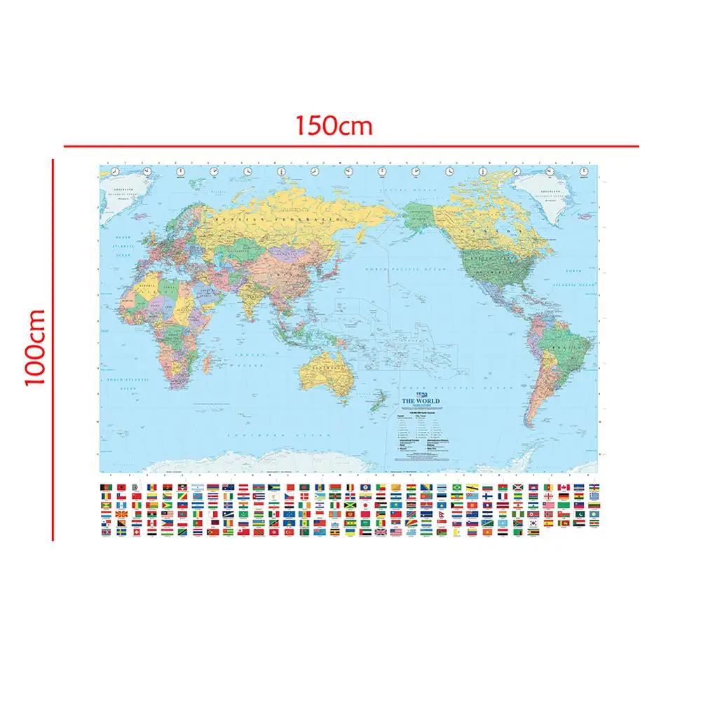 

The World Map Pacific Centred Non-woven Waterproof Map With National Flag For Geographical Research 150x100cm