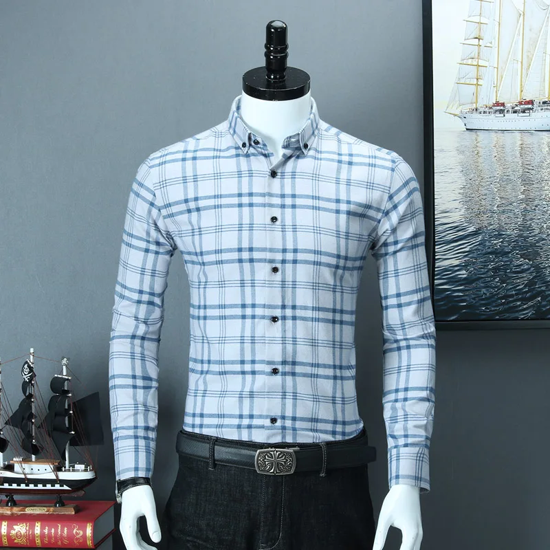 Мужская клетчатая рубашка в полоску на пуговицах, приталенная рубашка с длинным рукавом, хлопок, Офисная рубашка в мелкую клетку