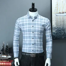 Мужская клетчатая рубашка в полоску на пуговицах, приталенная рубашка с длинным рукавом, хлопок, Офисная рубашка в мелкую клетку