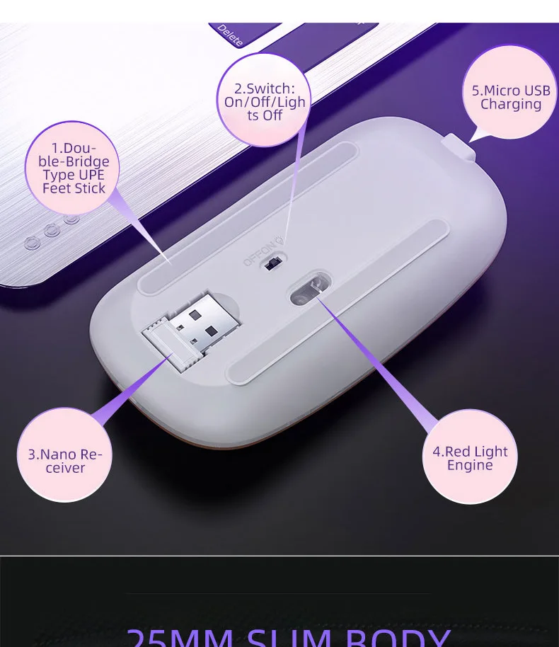 Rechargeable Wireless Mouse Portable Ultra-thin Silent Mouse 1600DPI Office Computer Gaming Mouse Smart Hibernate Backlit Mouse
