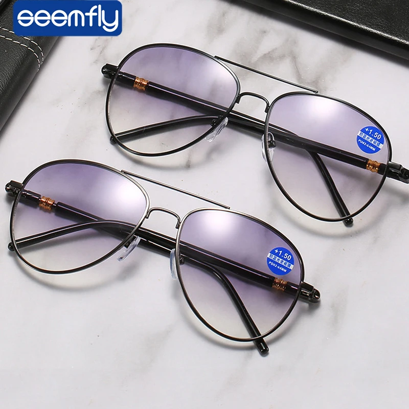 

seemfly Double Dual-use Reading Glasses Spectacle Men Driving Sunglasses Progressive Gray Lens Goggle Hyperopia Diopter +1.0 1.5