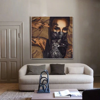 

AAHH Tattooed Woman Wearing Glasses and MaskCanvas Painting Posters Print on Canvas Wall Art Picture for Living Room Home Decor