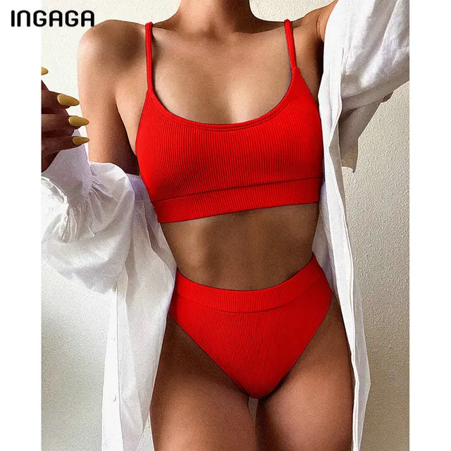 INGAGA High Waist Bikini Swimsuits Women Push Up Swimwear Ribbed Bathing Suit Strap Biquini Sexy Brazilian Bikinis Set Beachwear 5