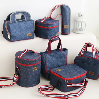 Denim Lunch Bag Kid Bento Box Insulated Pack Picnic Drink Food Thermal Ice Cooler Leisure Accessories Supplies Product Stuff oxford thermal lunch bag insulated cooler storage women kids food bento bag portable leisure accessories supply product stuff