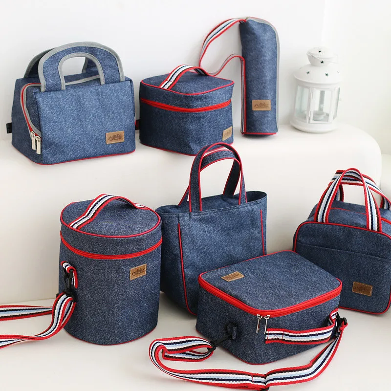 Denim Lunch font b Bag b font Kid Bento Box Insulated Pack Picnic Drink Food Thermal
