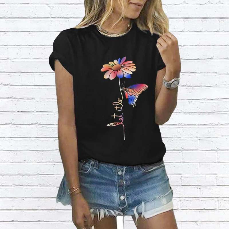 

The new European and American women's small Daisy butterfly printed T-shirt with round neck and short sleeves