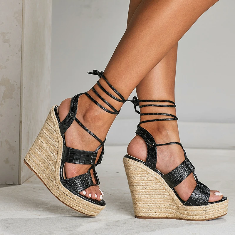 

Women 13cm High Heels Wedges Leather Sandals Stripper Fetish Pumps Serpentine Lace Up Toe Heels 2019 Summer 4cm Platform Shoes