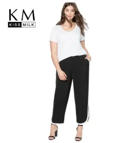 

Kissmilk Plus Size Women Pants Simple Black Sports Style Side Hit Color Strip Elastic Waist Trousers