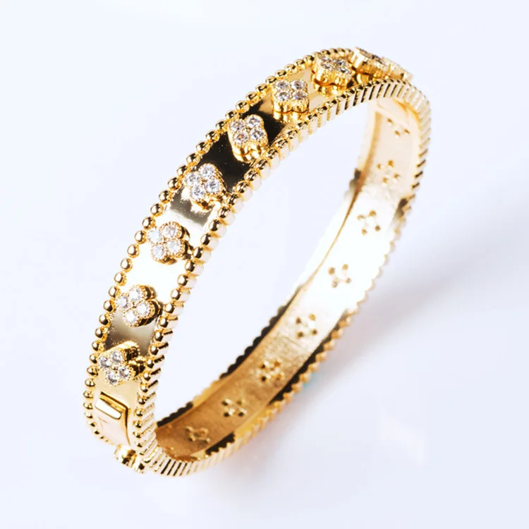 

Fashion Women Jewelry Micro CZ Full Crystal Hollow Flower Bangle For Women Party Christmas Gift