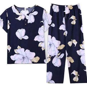

Spring And Summer New Short Sleeve Long Pants, Middle Aged And Elderly Mother'S Pajamas, Women'S Cotton Silk Home Wear Set