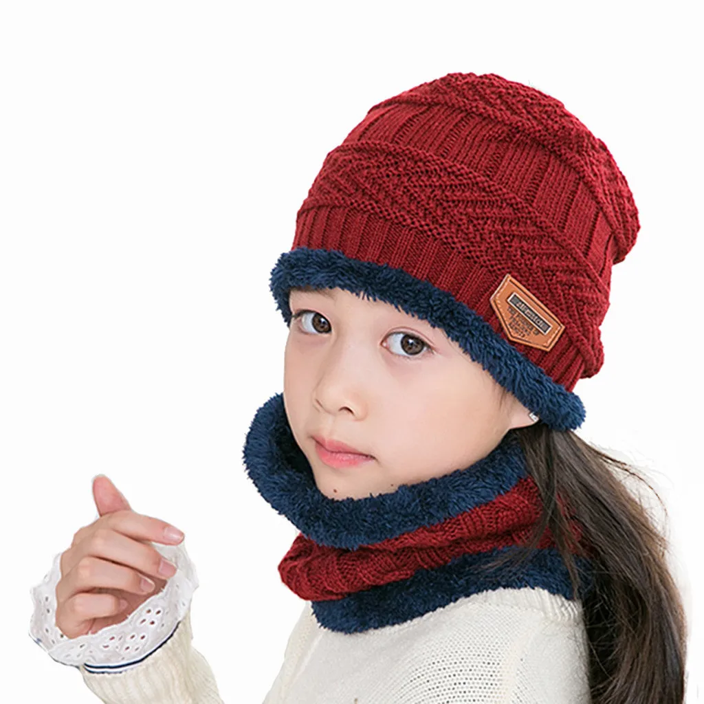 Зимняя теплая шапка из флиса контрастных цветов, вязаные теплые зимние шапки для детей, шапка+ шарф, комплект из двух предметов, реквизит для фотосессии новорожденных