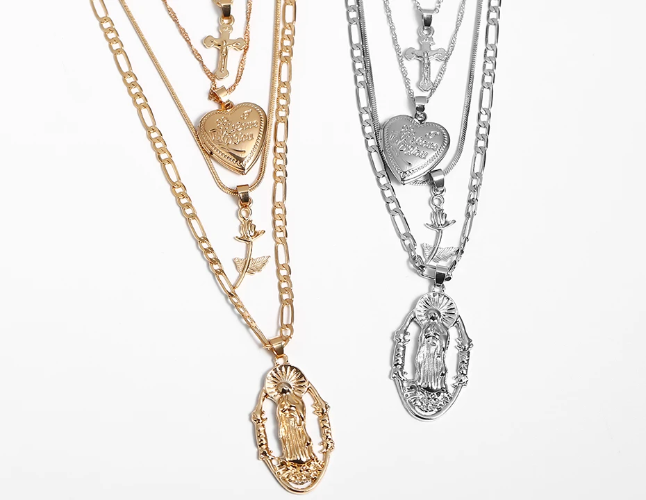 Многослойное женское ожерелье с подвеской, крест, колье с подвеской, ожерелье с цепочкой, ожерелье с Католическим христианским орнаментом