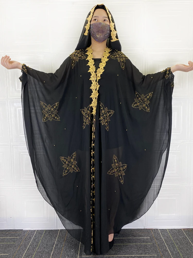 Muslim Open Black Abayas For Women Dubai 2021 Turkey Islam Diamonds Hijab Dresses Large Size Afican Evening Party Long Robe