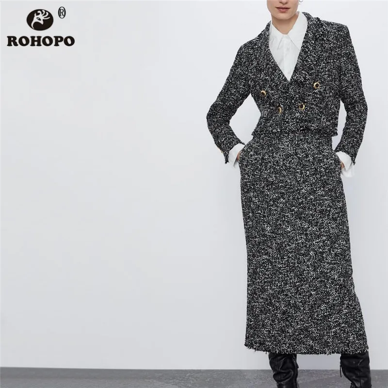 ROHOPO, высокая талия, толстая, твидовая, прямая, миди, серая юбка, молния сзади, летит, раскол, для девушек, Ретро стиль, до середины икры, Falda, Низ#9486