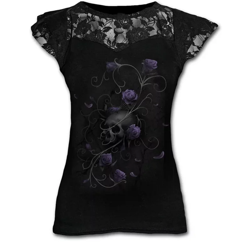 Gothic Punk Plus Size Black Graphic Lace Rose T-shirts Women Y2K Clothes Grunge Short Sleeve Hollow Out Tshirts Tee Tops 5XL