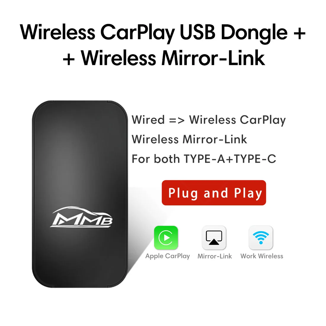 MMB USB Wireless Apple Carplay Smart Box AirPlay iOS Android Mirror link Video Player Multimedia Plug And Play Dongle Adapter