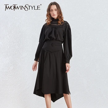 

TWOTWINSTYLE Elegant Hollow Out Dresses Female Stand Collar Lantern Long Sleeve High Waist Tunic Ruched Women Dress Fashion Tide