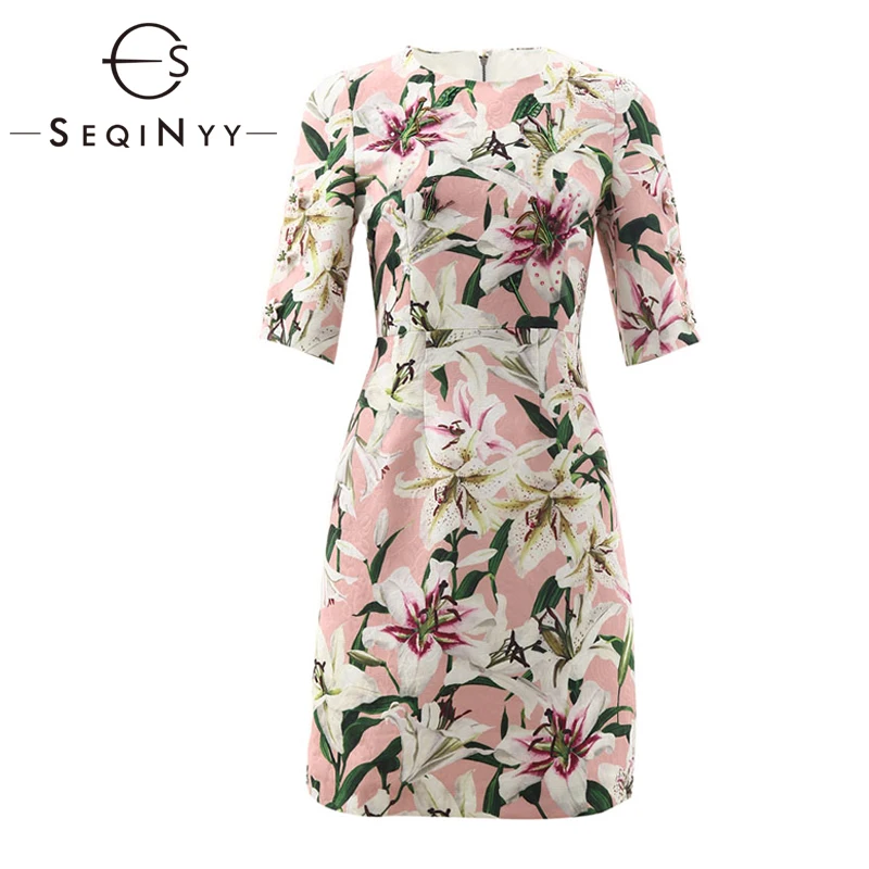 

SEQINYY Sweet Pink Dress 2020 Summer Spring New Fashion Design Romantic Lily Flowers Printed Bead Sequins Jacquard Mini Dress