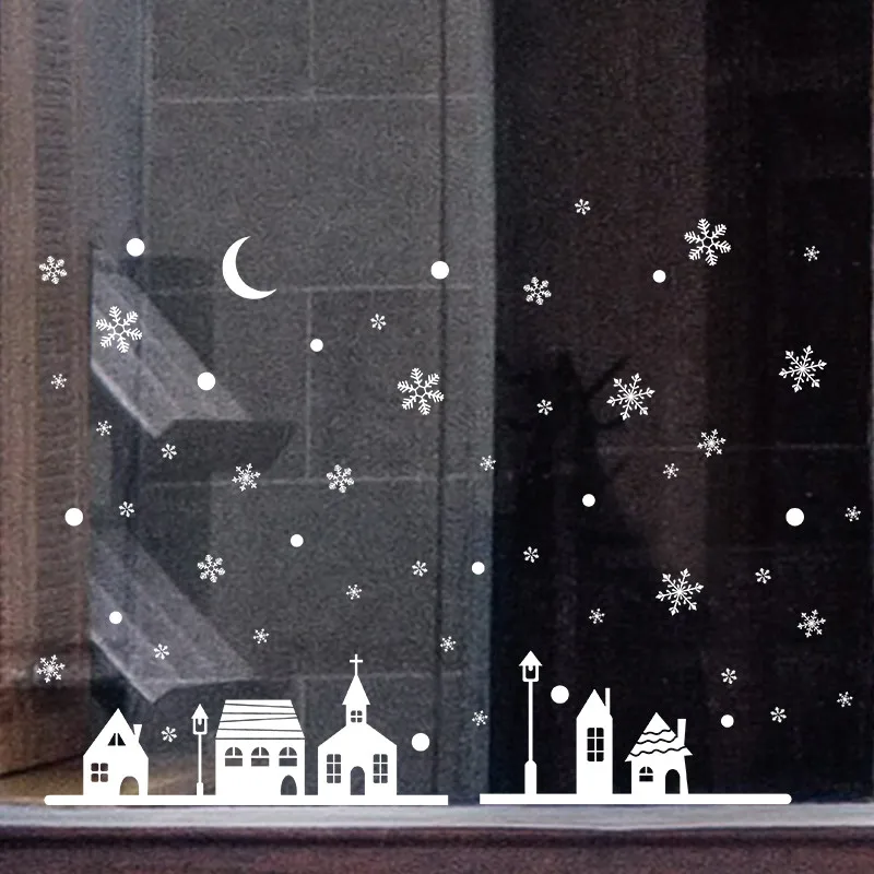 Рождественский магазин окно украшение стены стикеры, рождественские снежинки город дома наклейки украшения год обои