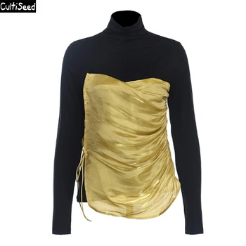 

Cultiseed Women Turtleneck Color Patchwork Long Sleeve T-Shirt Tees Female Autumn Side Lacing Up Bandage Bow Slim Basic T-shirts