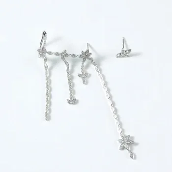 

MeibaPJ High Quality 925 Sterling Silver Asymmetric Floral Leaf Ear Cuff Zircon Tassel Earrings with Stud Women Luxury Brand