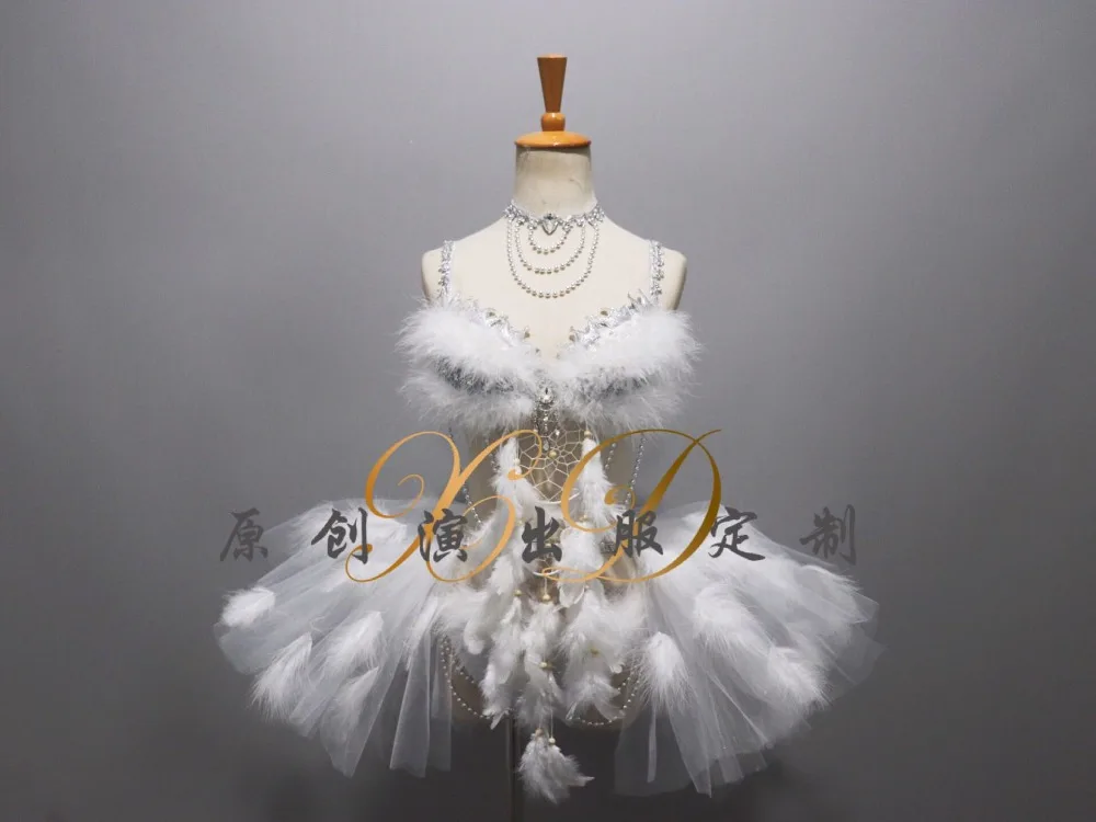 Sexy See-through White Feathers Bodysuits Crystals Bikini Bubble Skirt Set Women Nightclub Clothing Dancer DJ DS Stage Costume