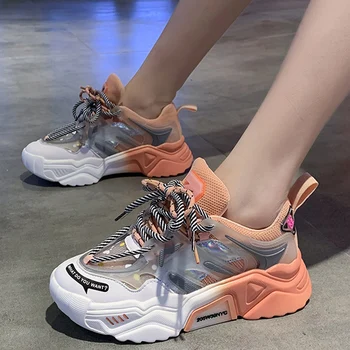 

Women Platform Vulcanize Mesh Dad Shoes Color Block Breathable Flat Shoes 2020 Outdoor Height Increasing Chunky Woman Sneakers