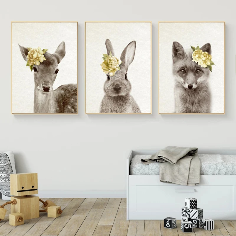 

Cute Animals With Flowers Wall Art Poster Rabbit Print Nordic Bunny Picture Kids Baby Girls Room Home Decor