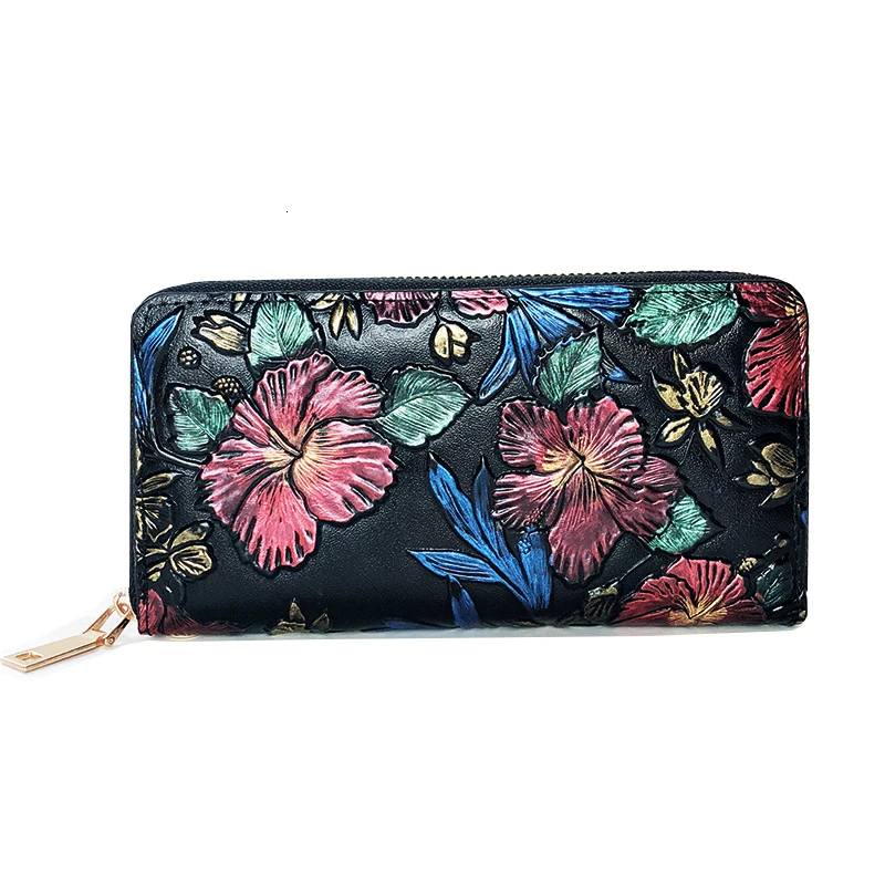 Wallets Women Long Clutch Bags Classic National Floral Decorate Multi-function PU Leather Handbags Zipper Card Holders For Lady - Цвет: Colorful Flower