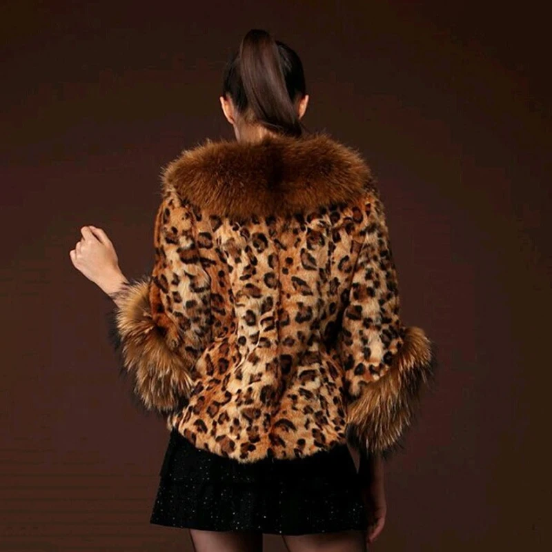 Leopard Short Faux Fur Coat Sexy Mink Collar 3 Quarter Sleeve Overcoat Open Stitch Furry Jacket For Female