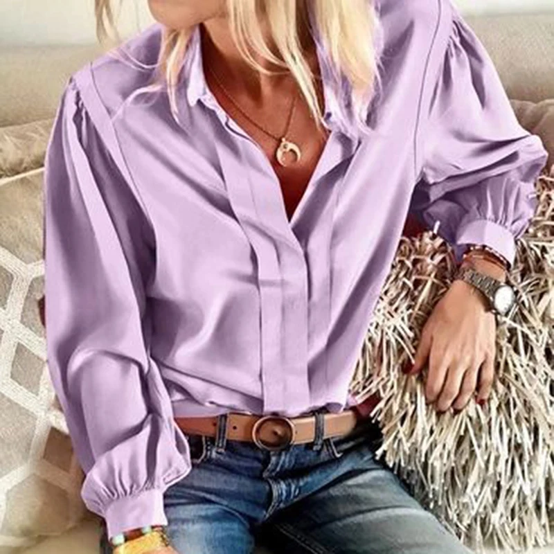 

Lady Satin Blouse Purple Tops Elegant Chiffon Blouse V-Neck Long Sleeve Blouses Office Femme Clothes