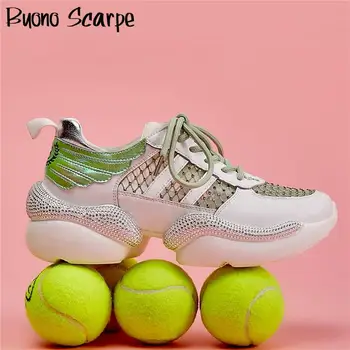 

Leather Mesh Women Sneakers Lace Up Bling Bling Sneakers Crystal Rhinestone Casual Ladies Shoes Strass Designer Platform Sneaker