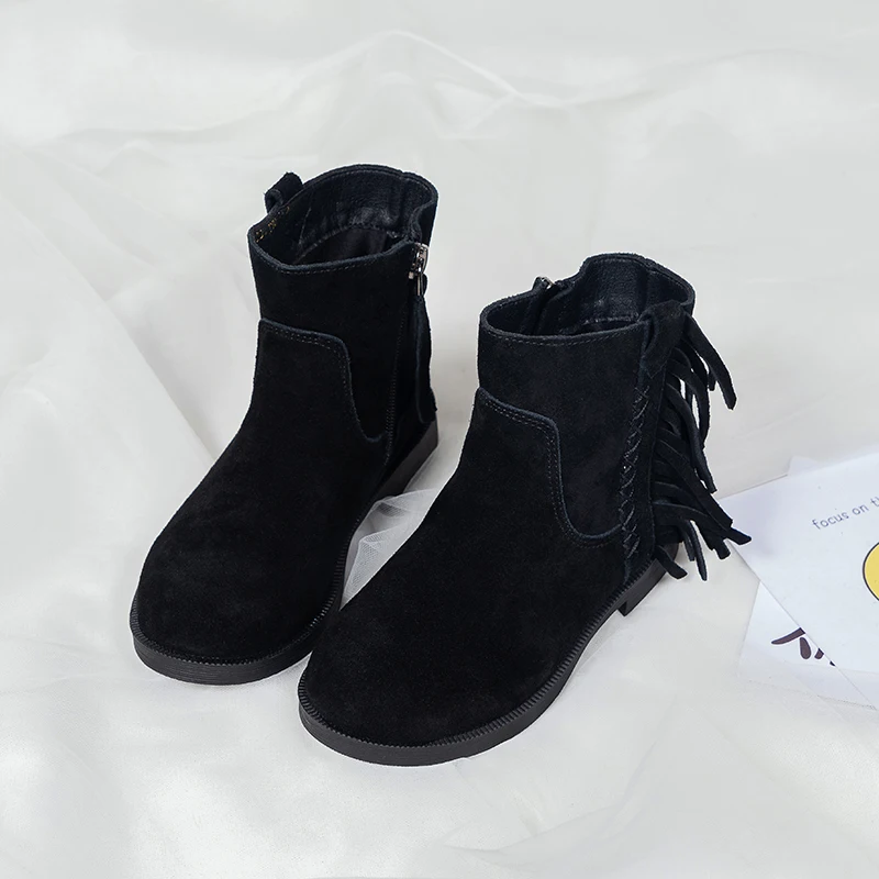 Девочек Ботинки Осень/Зима Девочки Сапоги "Принцесса" детская одежда с бахромой; женская обувь; модные женские ботинки теплая обувь