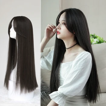 

LUPU Long Straight Synthetic Hair Wigs With Bangs Black Brown Wigs For Women High Temperture Fiber