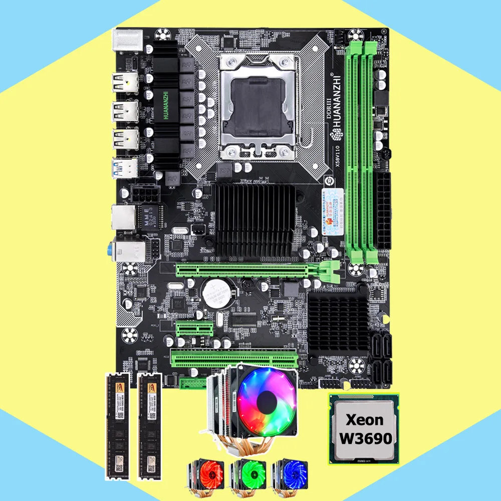 ^Cheap HUANANZHI X58 Pro motherboard bundle X58 LGA1366 motherboard with CPU Intel Xeon W3690 3.46GHz 6 heatpipes cooler RAM 16G(2*8G)