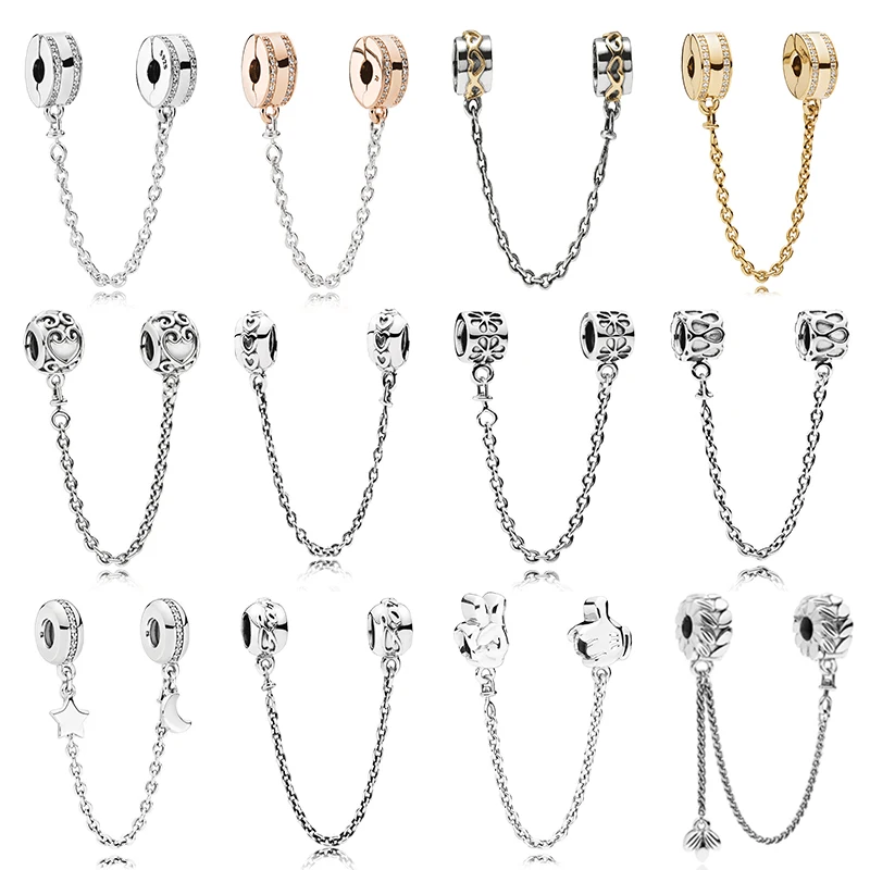 

PDB 01 100% 925 sterling silver Logo rose badge raindrop family forever gesture safety chain for charm bracelet