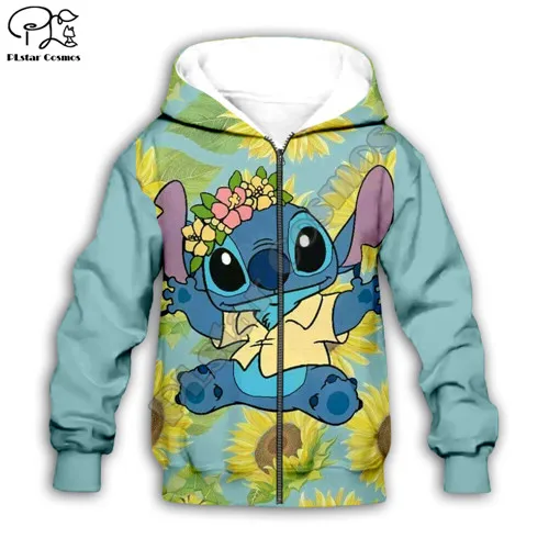Детская одежда Lilo Stitch 3D толстовки с капюшоном пуловер с принтом для маленьких мальчиков и девочек свитер с длинными рукавами с героями мультфильмов уличная одежда, костюм 14 - Цвет: Kids Zipper Hoodie