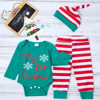 

3pcs My First Christmas Boy Girl Winter Baby Clothes Set Letter Snowflake Costume Romper Striped Pants Hat Newborn Body Suit