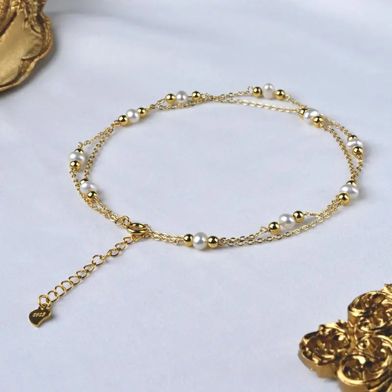ZHIXI Natural Freshwater Pearl Anklet 14K Gold-Filled Double-Layer Chain Original Handmade Ladies Party Exquisite Gift Adjustabl