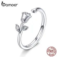 Bamoer קוצי עלה פתוח מתכוונן אצבע טבעות לנשים 3D פרח טבעת להקת 925 סטרלינג תכשיטי כסף קוריאני BSR065(China)