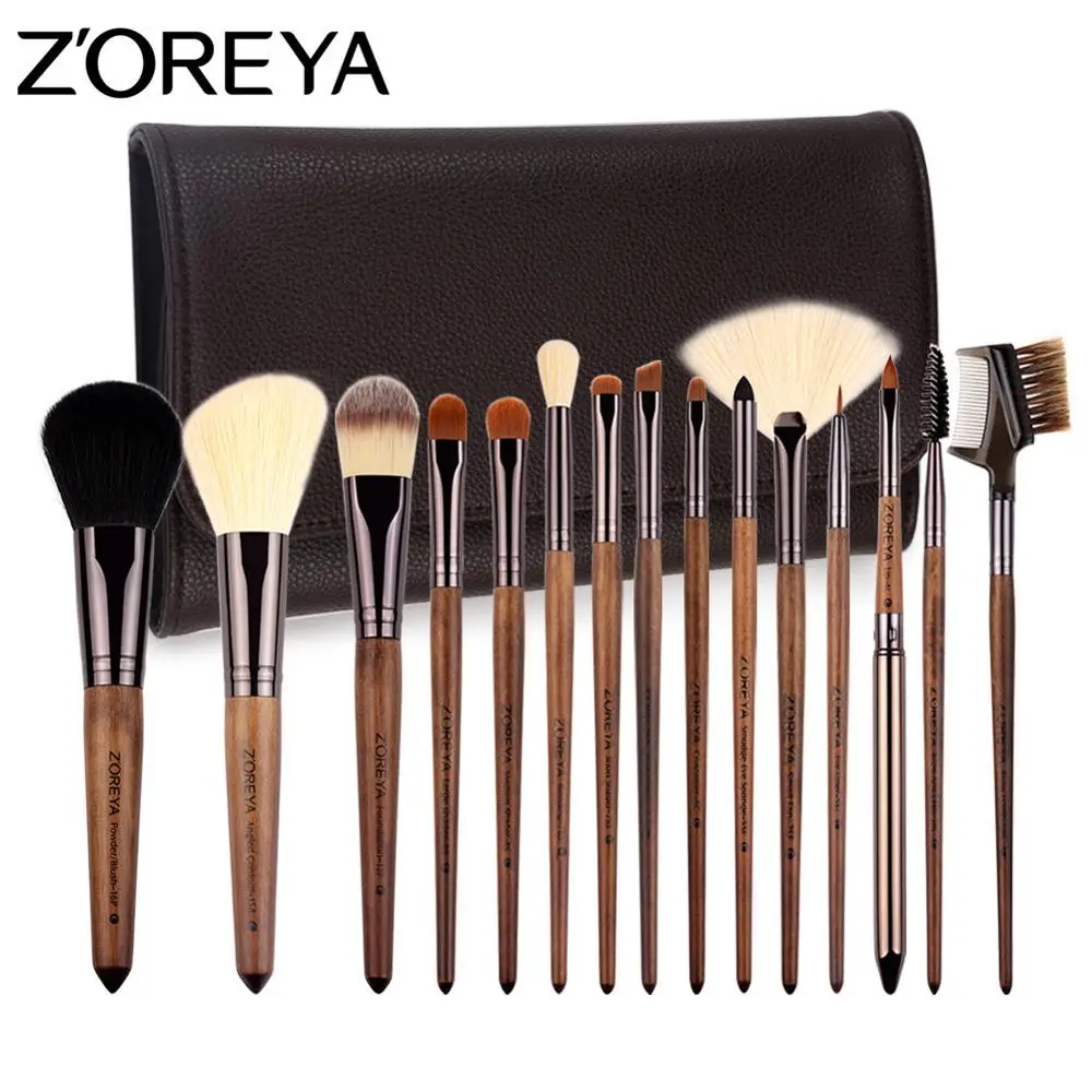 ZOREYA, брендовые кисти для макияжа, 15 шт., профессиональная косметика, кисти с полиуретановой сумкой, как инструмент для макияжа, для красоты, набор эфирных кистей