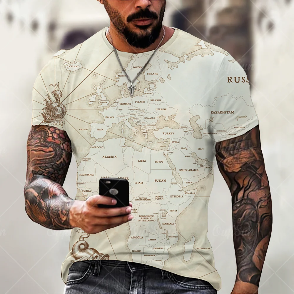 Summer New Fashion Trend Map Pattern Men's 3d Printing T-shirt Street Personality Wild Loose Oversized Jacket | Мужская одежда