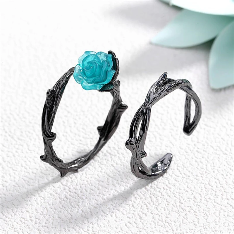 Sole Memory Black Thorns Branch Flowers 925 Sterling Silver Female Resizable Opening Romantic Couple Rings SRI527 | Украшения и