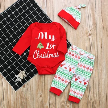 

Laamei Lovely Kids Baby Girl Boy My First Christmas Letter Romper 3PCS Pants Hat Outfits Xmas Set Autumn Clothing 2020