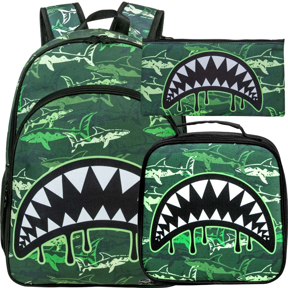 3PCS Shark Backpack for Boys, 16 Little Kids Kindergarten School